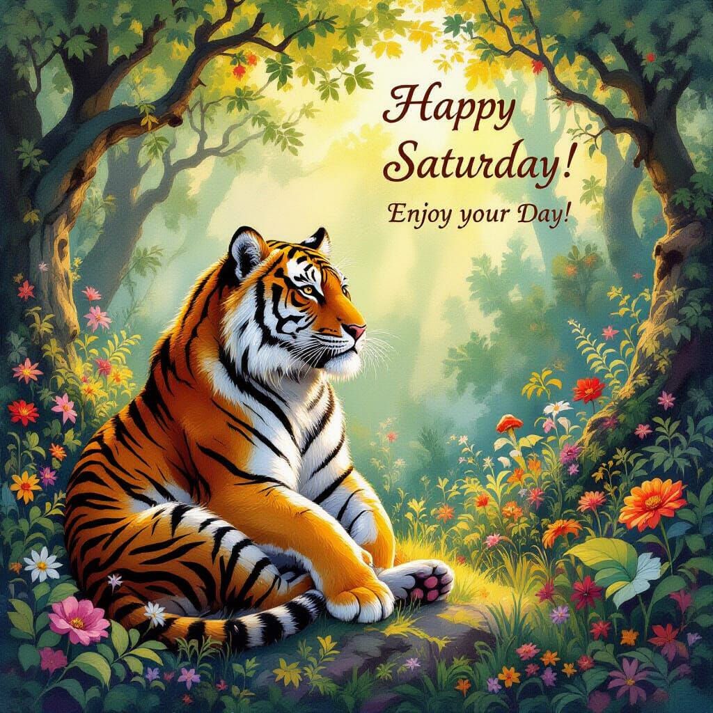 Wise Tiger in Enchanted Forest, Acrylic Oil Painting