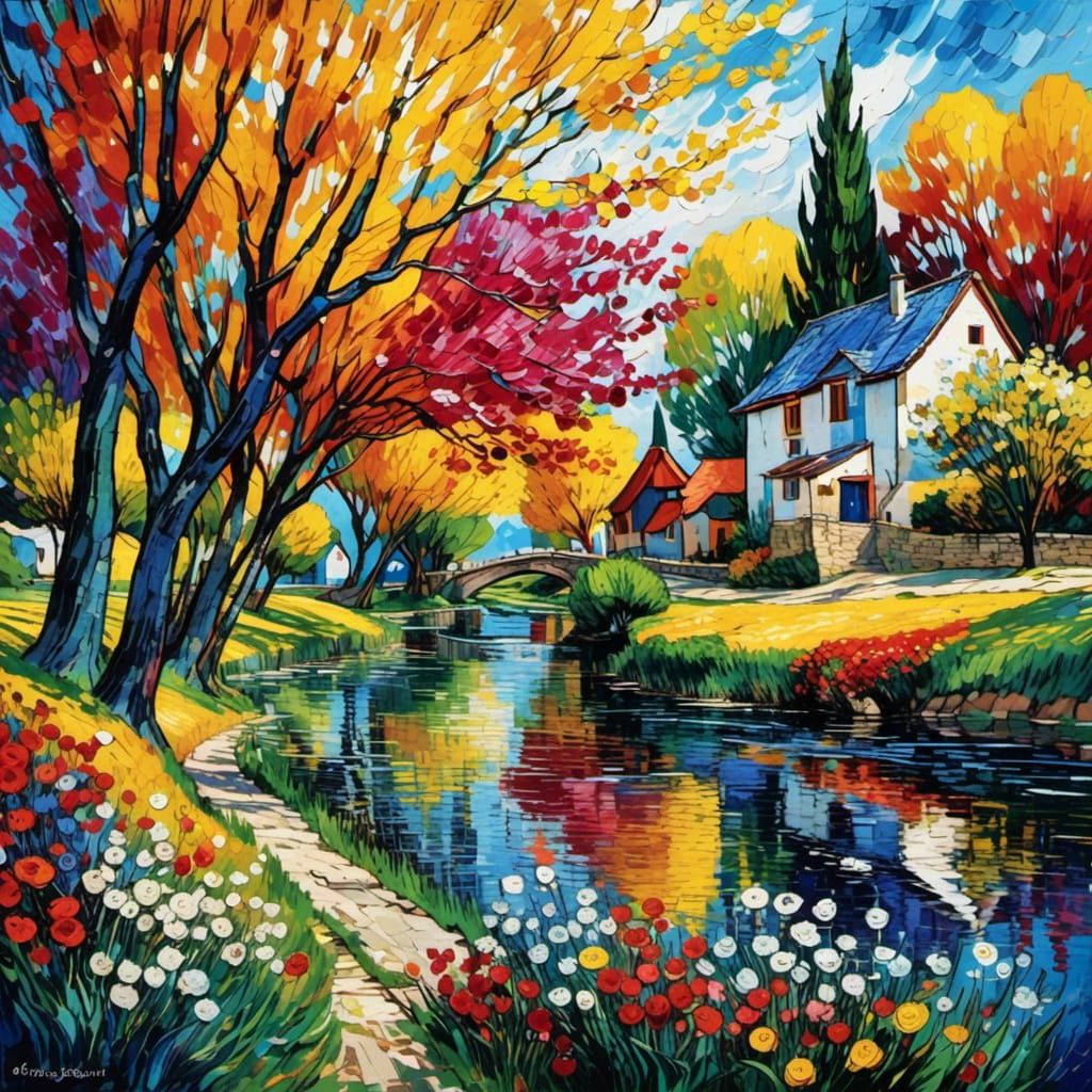 Colorful Lakeside Village in Van Gogh Style