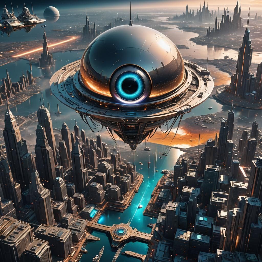 Futuristic Eye Spacecraft over Cosmic Cityscape
