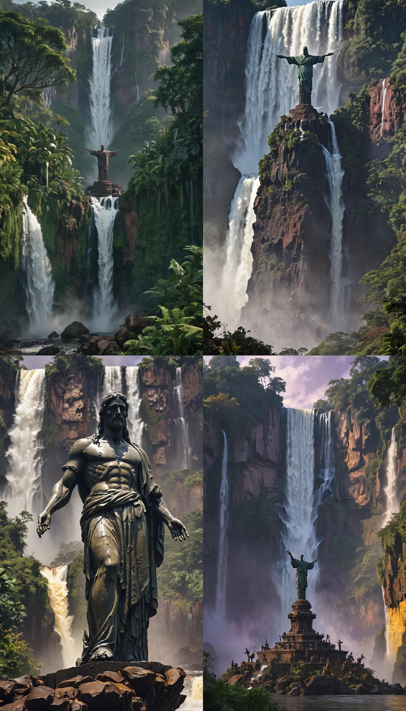 Cyberpunk-Style Christ the Redeemer Ascending from Iguazu Fa...