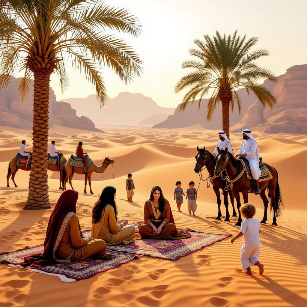 Desert Scene in Al Ula with Camels and Figures