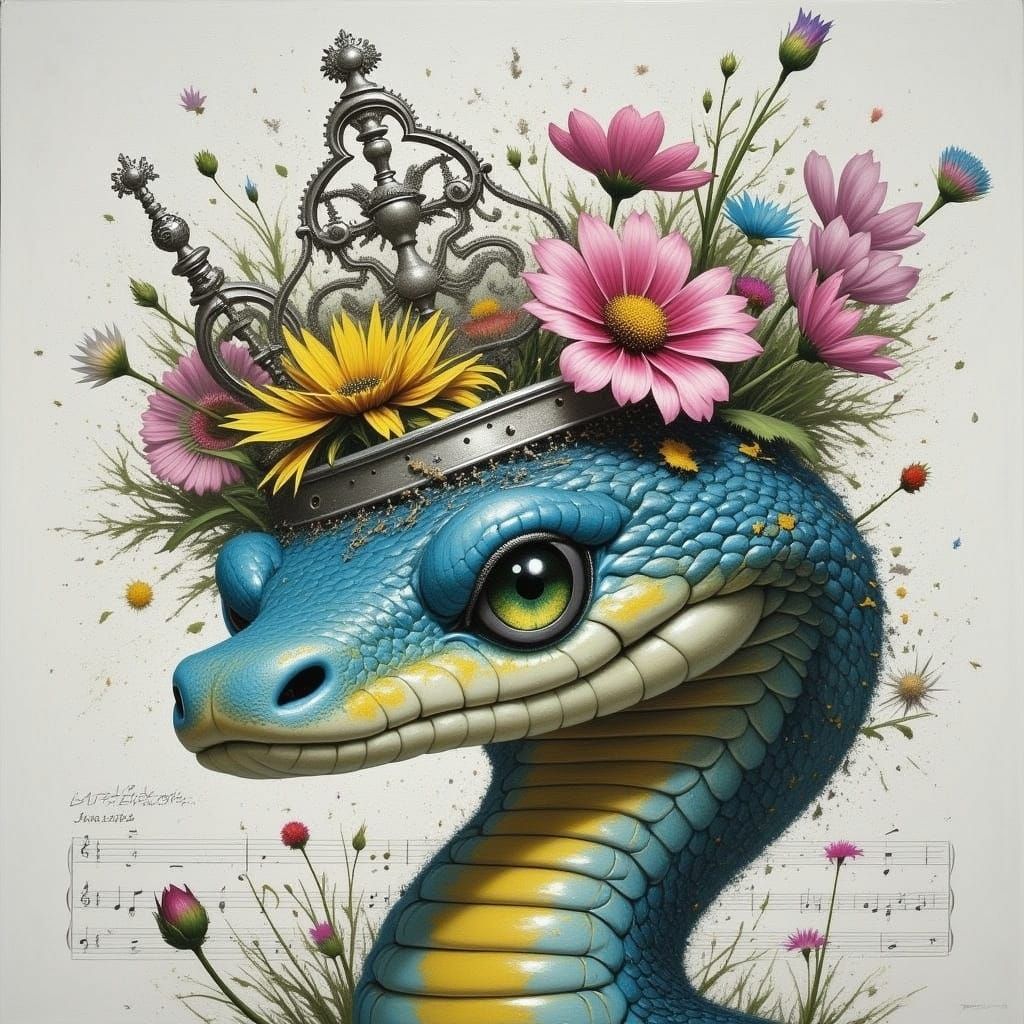 Crowned King Cobra Strikes, Vivid Watercolor Style