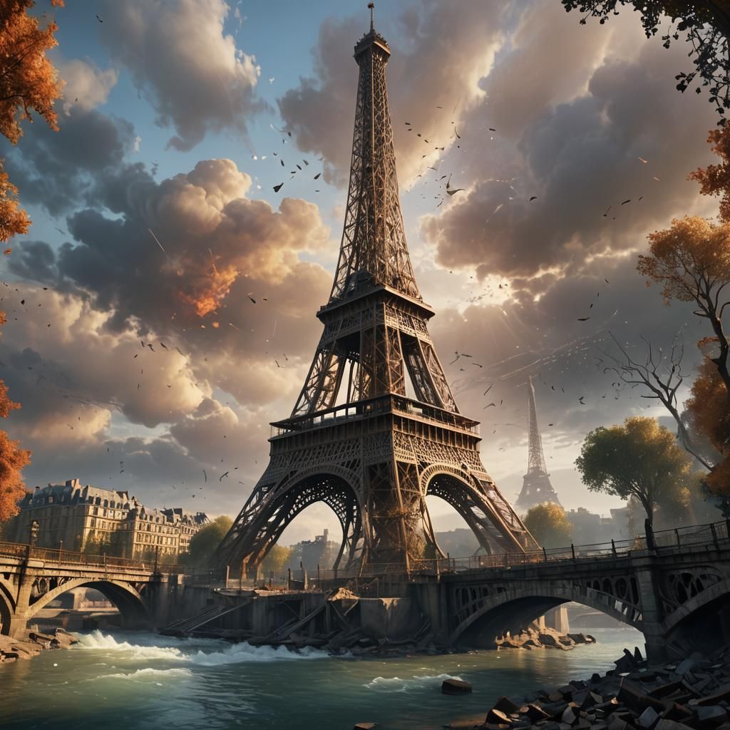 Eiffel Tower Crumbles in Dystopian Fantasy Art