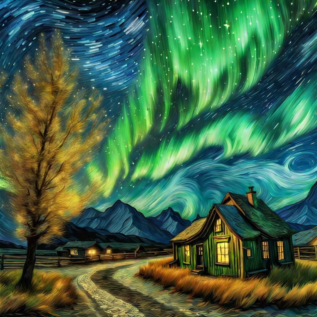 Van Gogh Style Northern Lights, Hyperrealistic