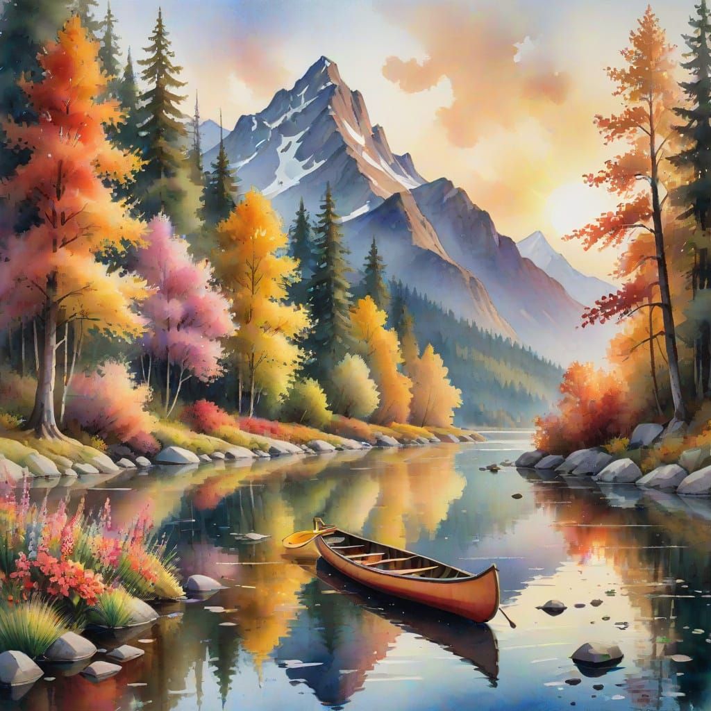 Vibrant Autumn Mountain Forest Sunset Watercolor Landscape