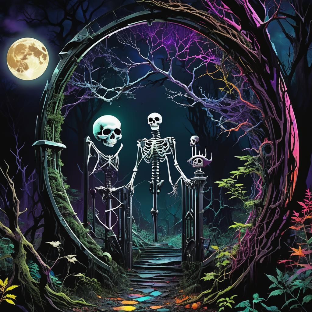Surreal Darkpunk Moon Portal with Skeletons and Ghosts