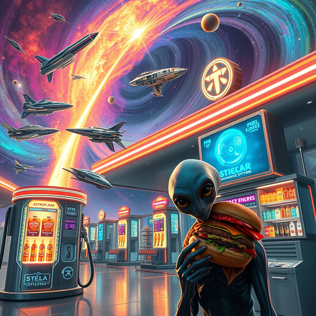 Bustling Alien Gas Station at Intergalactic Crossroads