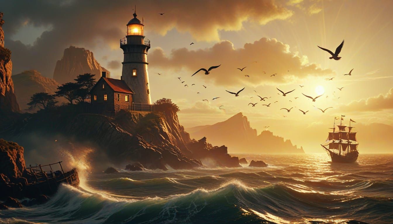 Lighthouse and Pirate Ship in Golden Light