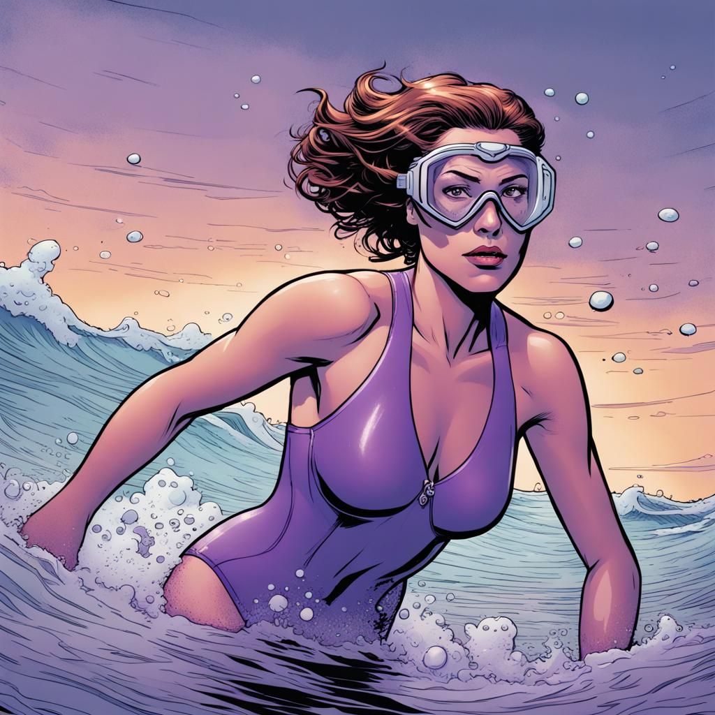 Woman Swimming Freestyle in Comic Book Style