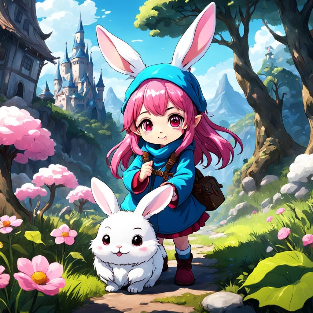 Surreal Fantasy Gnome and Woman in Whimsical Pink Wonderland