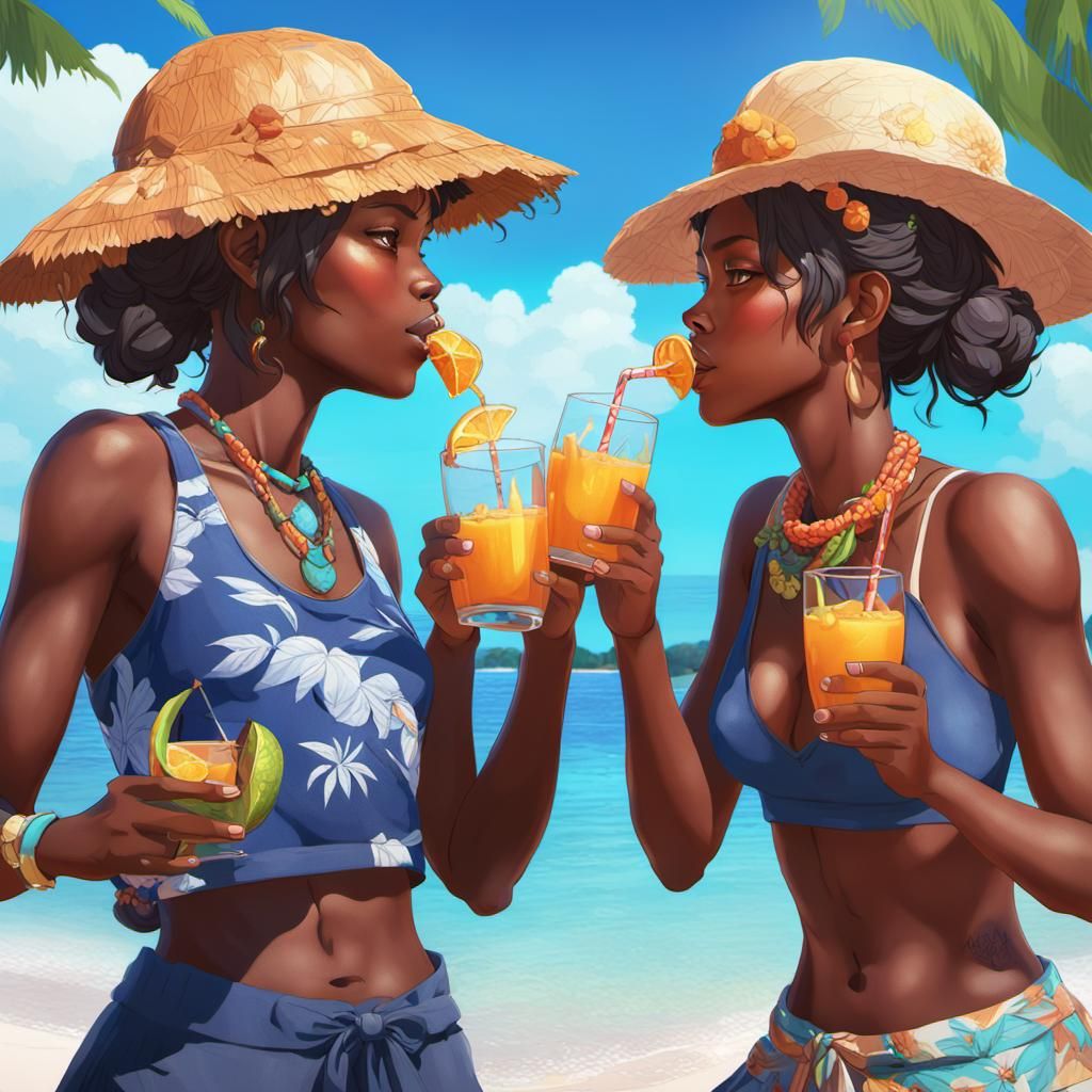 Caribbean Women Enjoying Island Nectar: 3D Anime Art