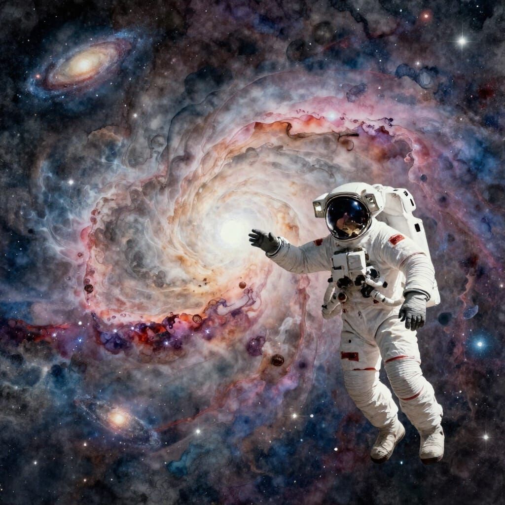 Astronaut Reaches Nebula in Cosmic Watercolor Style