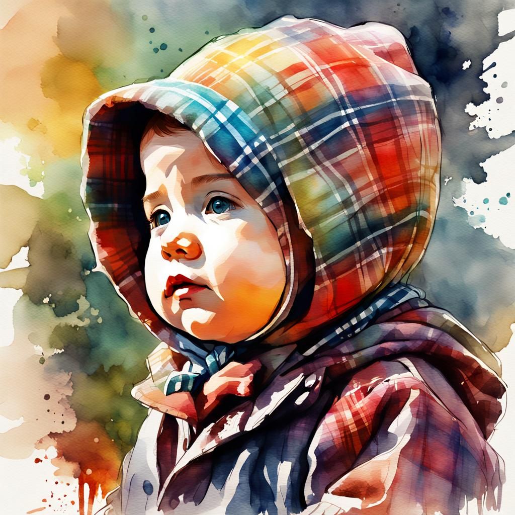 Baby in Plaid Bonnet: Digital Watercolor Illustration