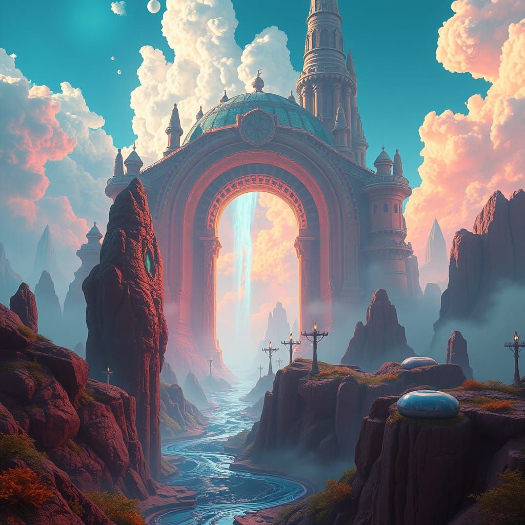 Ethereal Fantasy Landscape in Cyberpunk Style