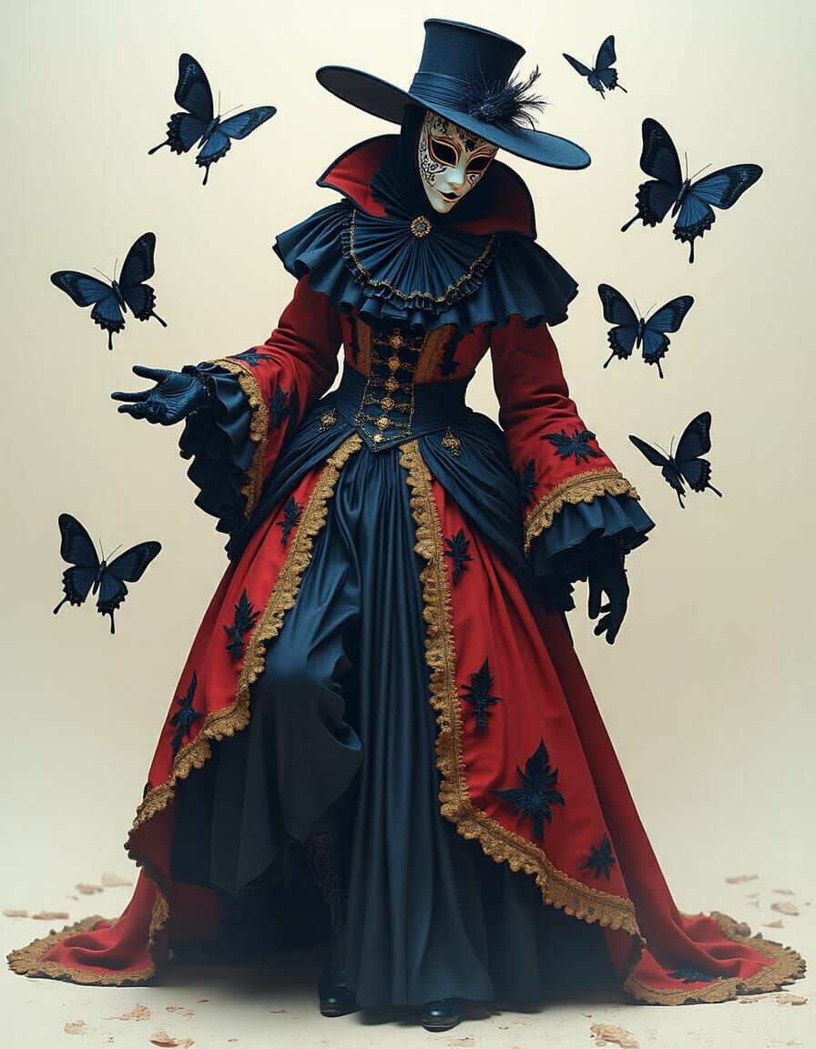 Baroque Harlequin Plague Doctor in Cyberpunk Style