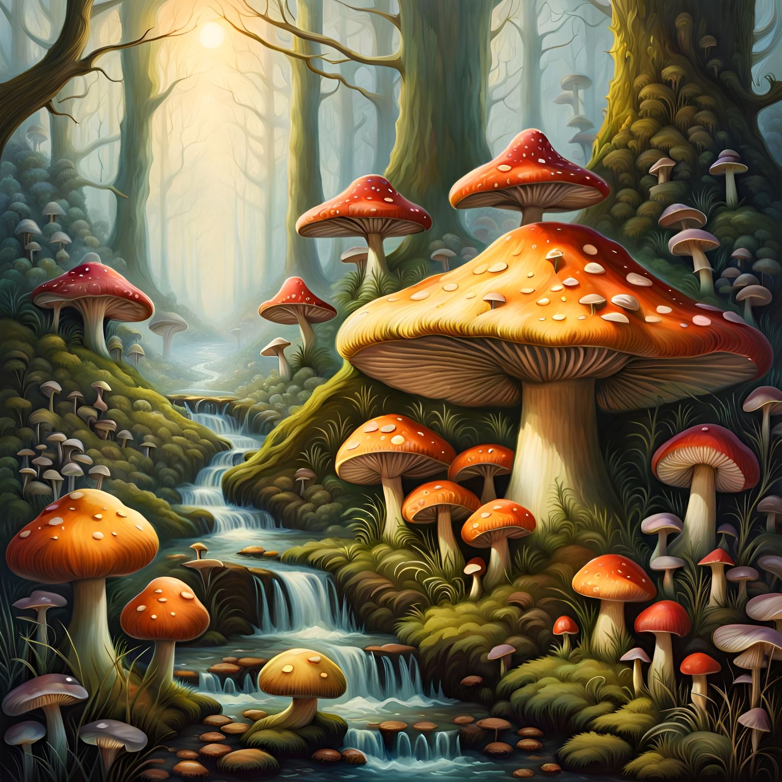 Misty Mushroom Forest: Whimsical Fantasy Painting