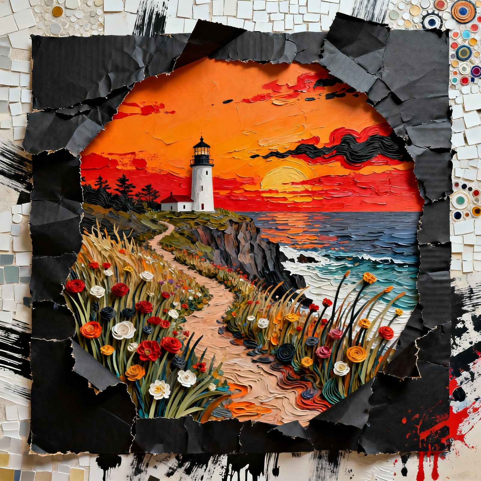 Vibrant Sunset Landscape Painting with Lighthouse and Wildfl...