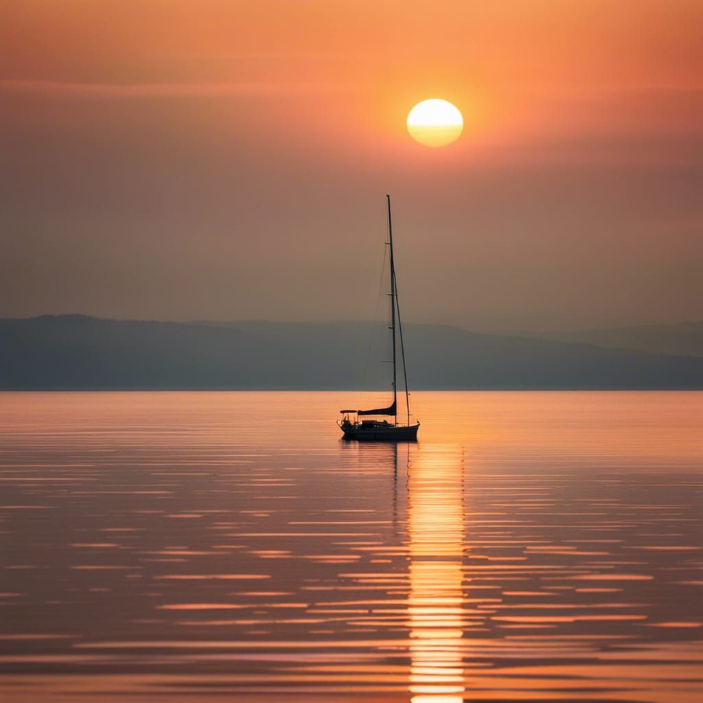 Sailboat Drifting on Calm Lake at Sunrise