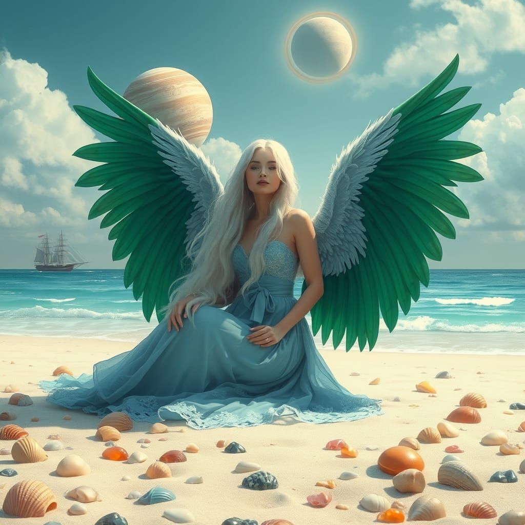 Angel Bride in Ethereal Beach Scene with Vibrant Shells and ...