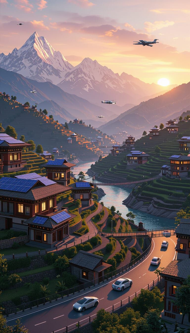 Futuristic Nepali Village in Himalayas with Eco-Transport