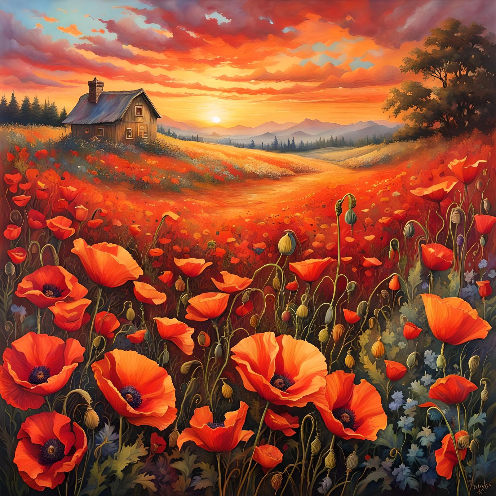 Poppy Field at Sunrise: Watercolor and Ink