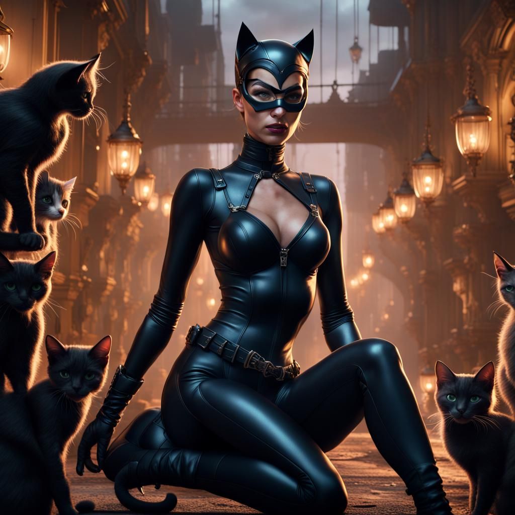 Catwoman Surrounded by Kittens: Detailed Fantasy Art