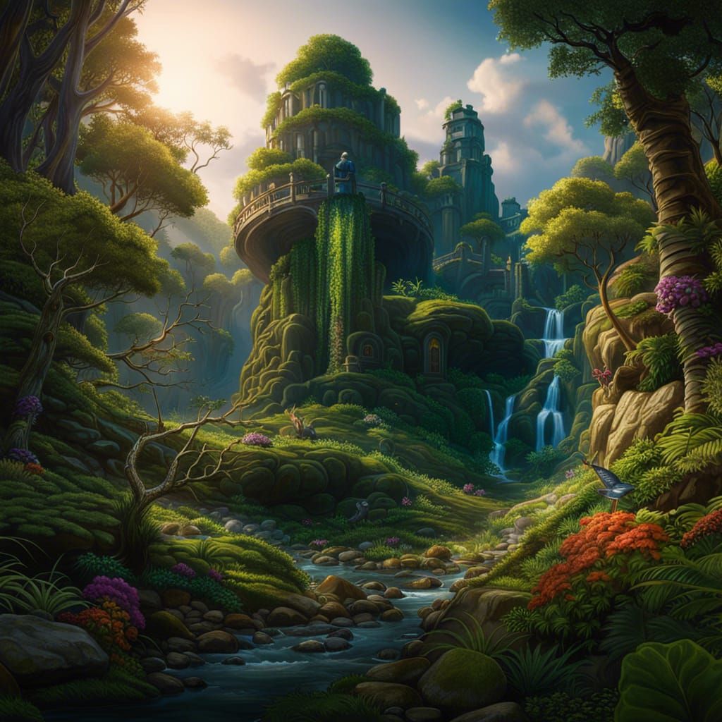 Enchanted Forest Waterfall with Rising Moons