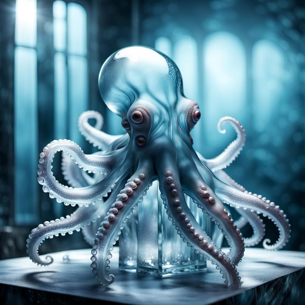 Photorealistic Ice Octopus Sculpture in Direct Sunlight