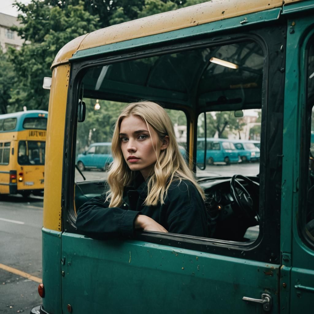 Mysterious Scene with Woman, Car and Bus