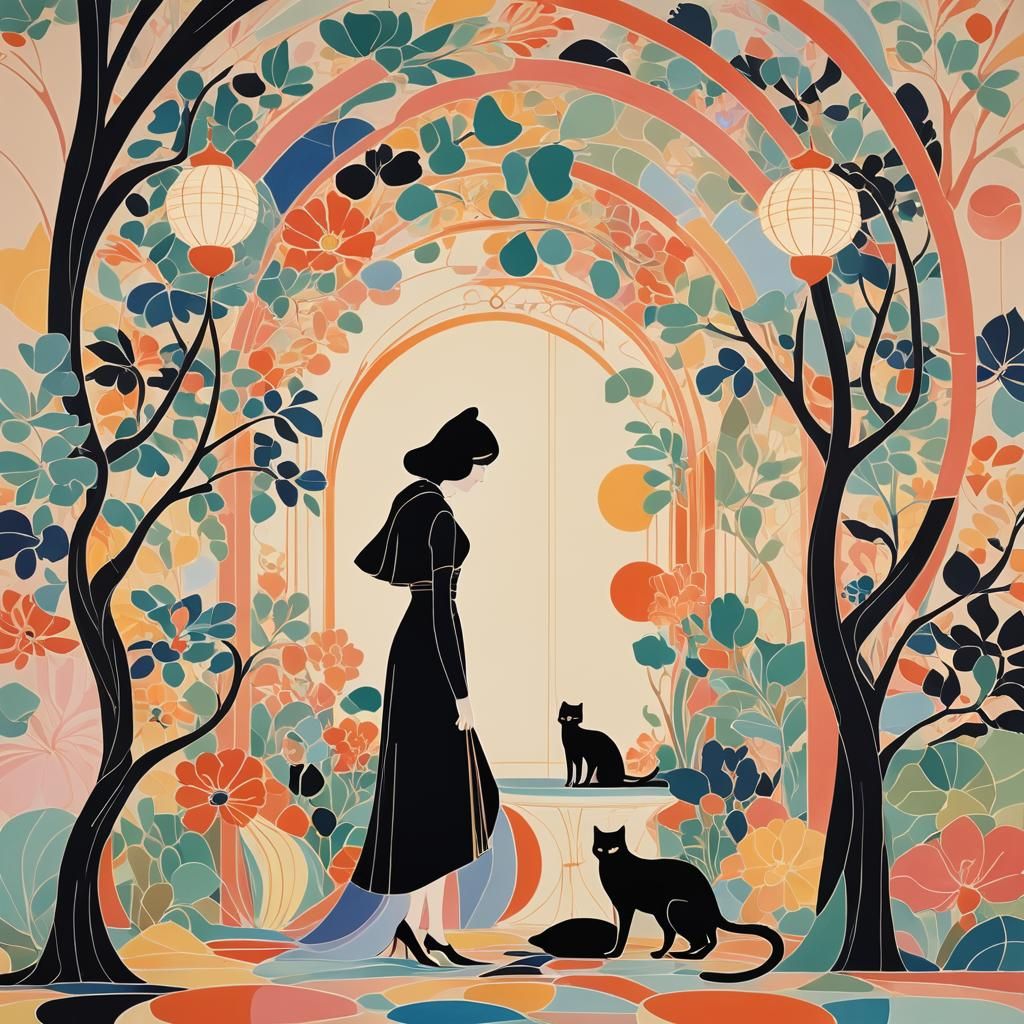 Elegant Girl and Black Cat in Art Nouveau Style