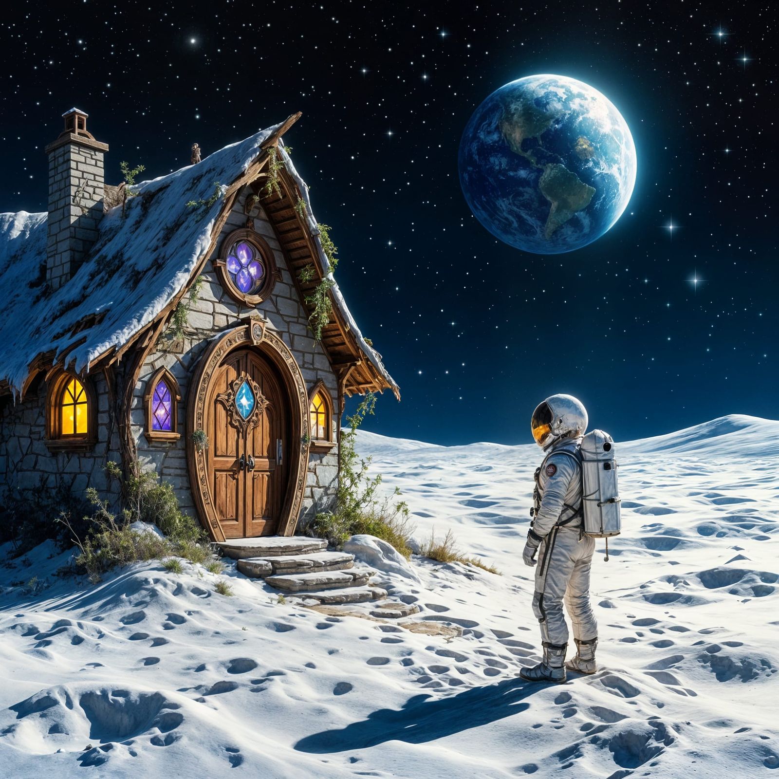 Lunar Scientist Gazes at Mystical Cottage