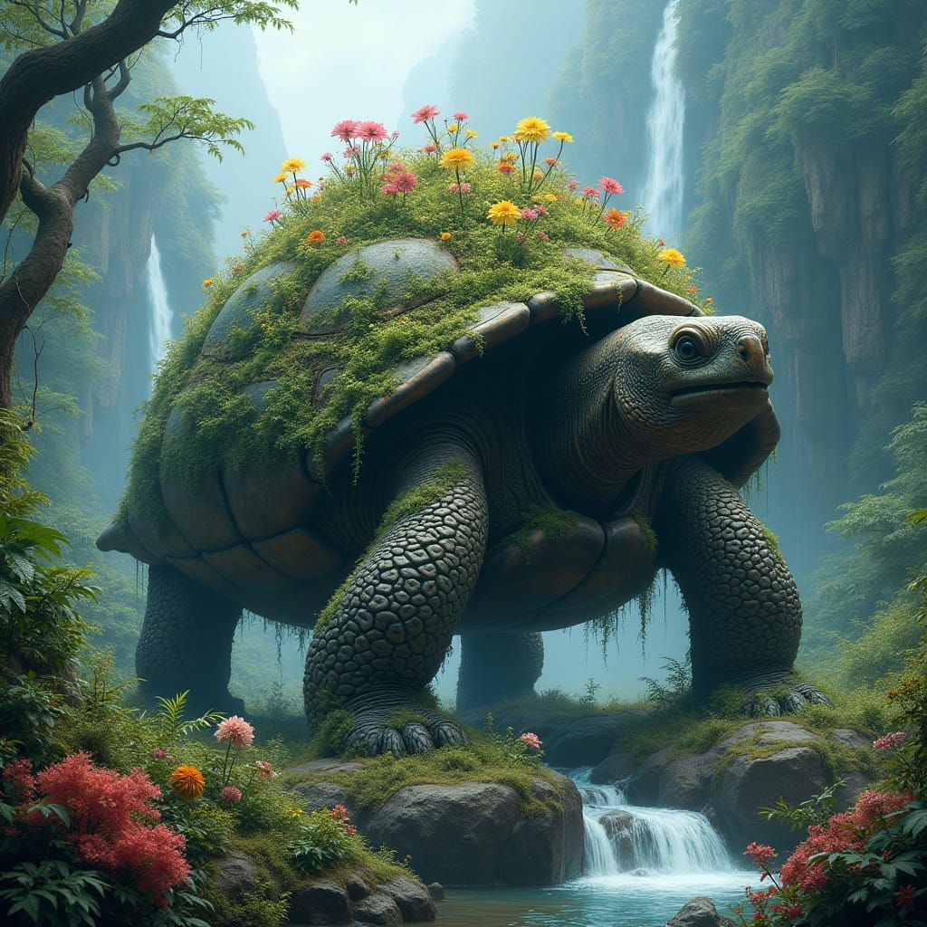 Jungle Ecosystem on Ancient Tortoise in Misty Valley