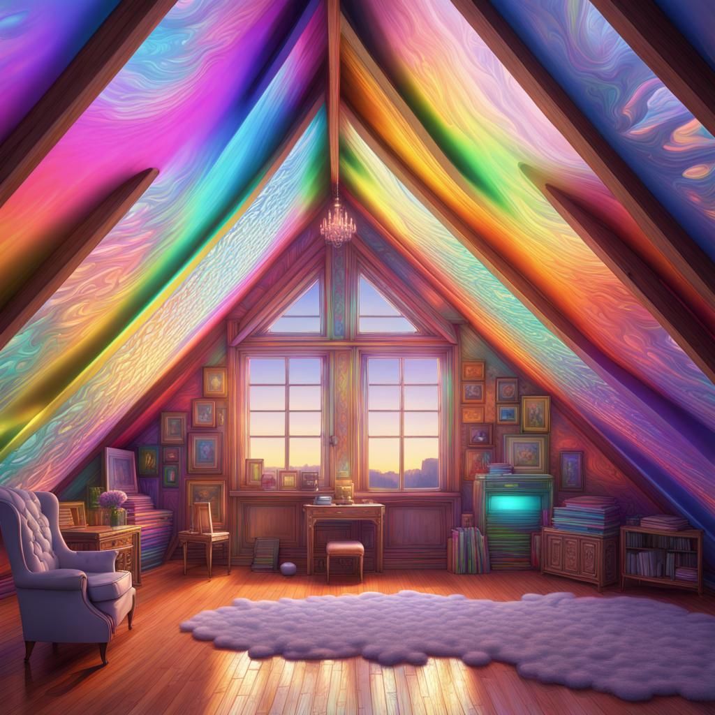Dreamy Surreal Attic with Rainbow Skies