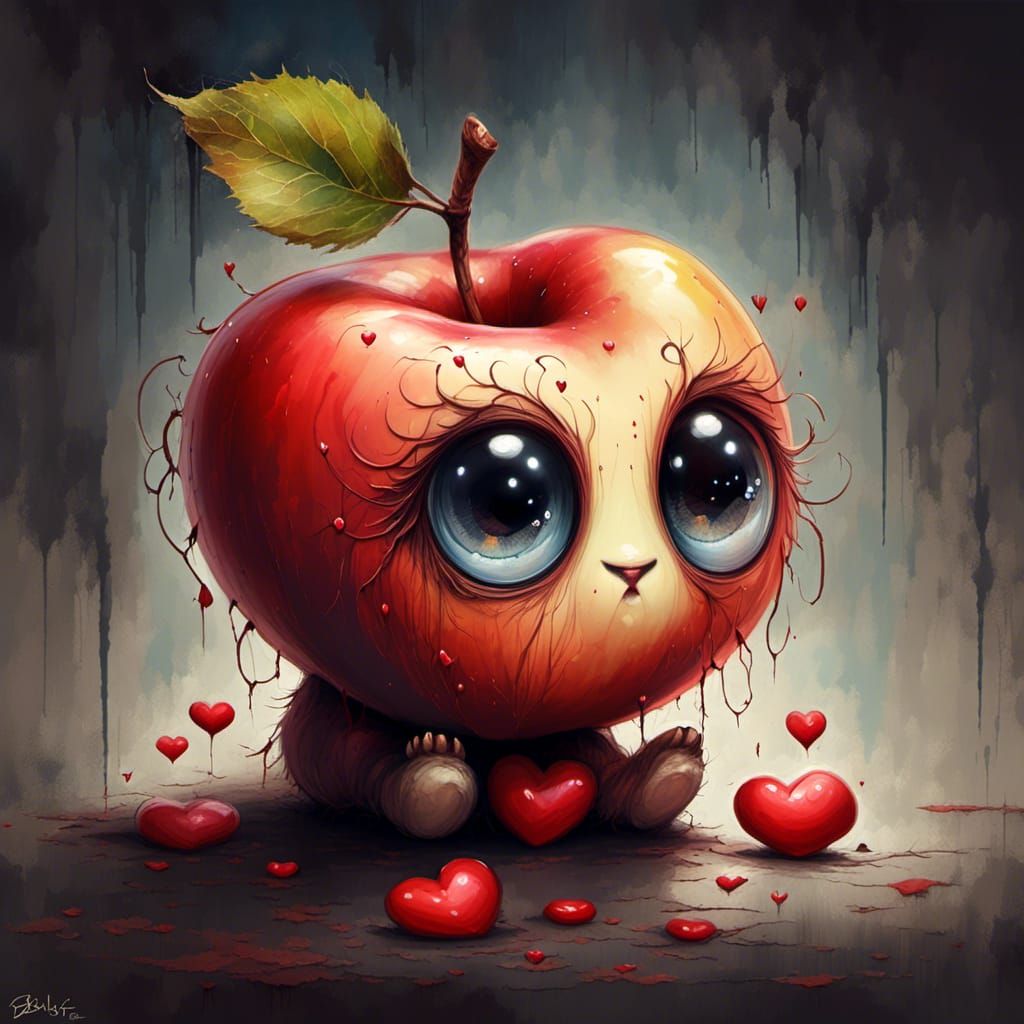 Cartoon Apple with Heart Eyes in Ghibli Style