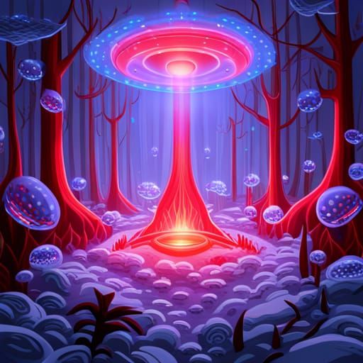 Metallic UFO Over Lilac Forest in Baroque Style