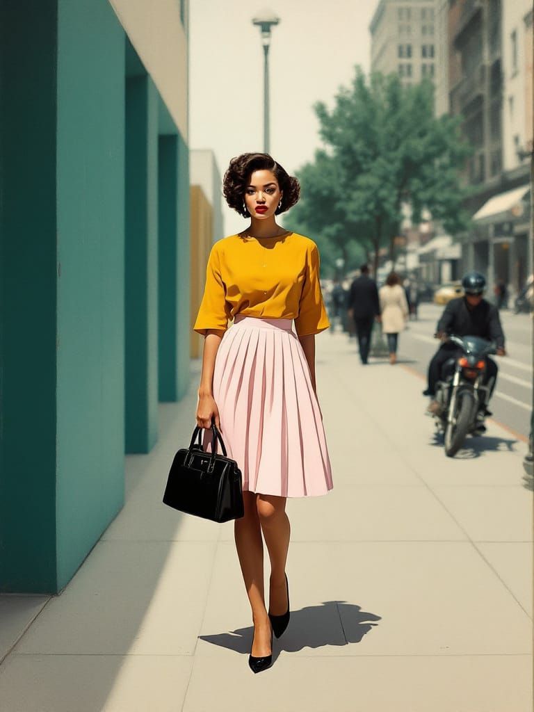 Pin-Up Woman on Sunlit City Street