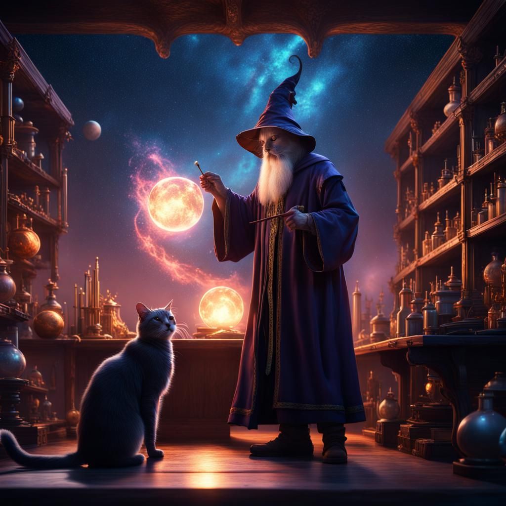 Wizard Casts Spell on Cat, Fantasy Concept Art