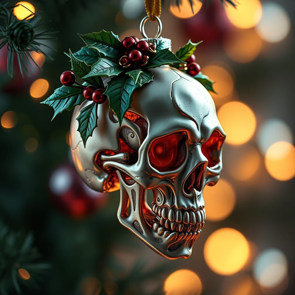 Macabre Skull Christmas Ornament with Holly and Mistletoe
