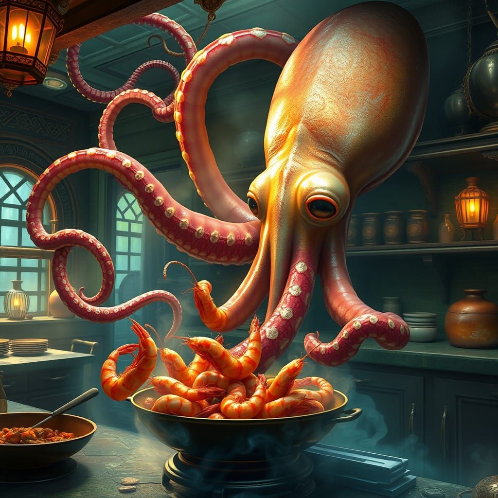 Colossal Squid Cooks Succulent Shrimp in Dreamlike Kitchen
