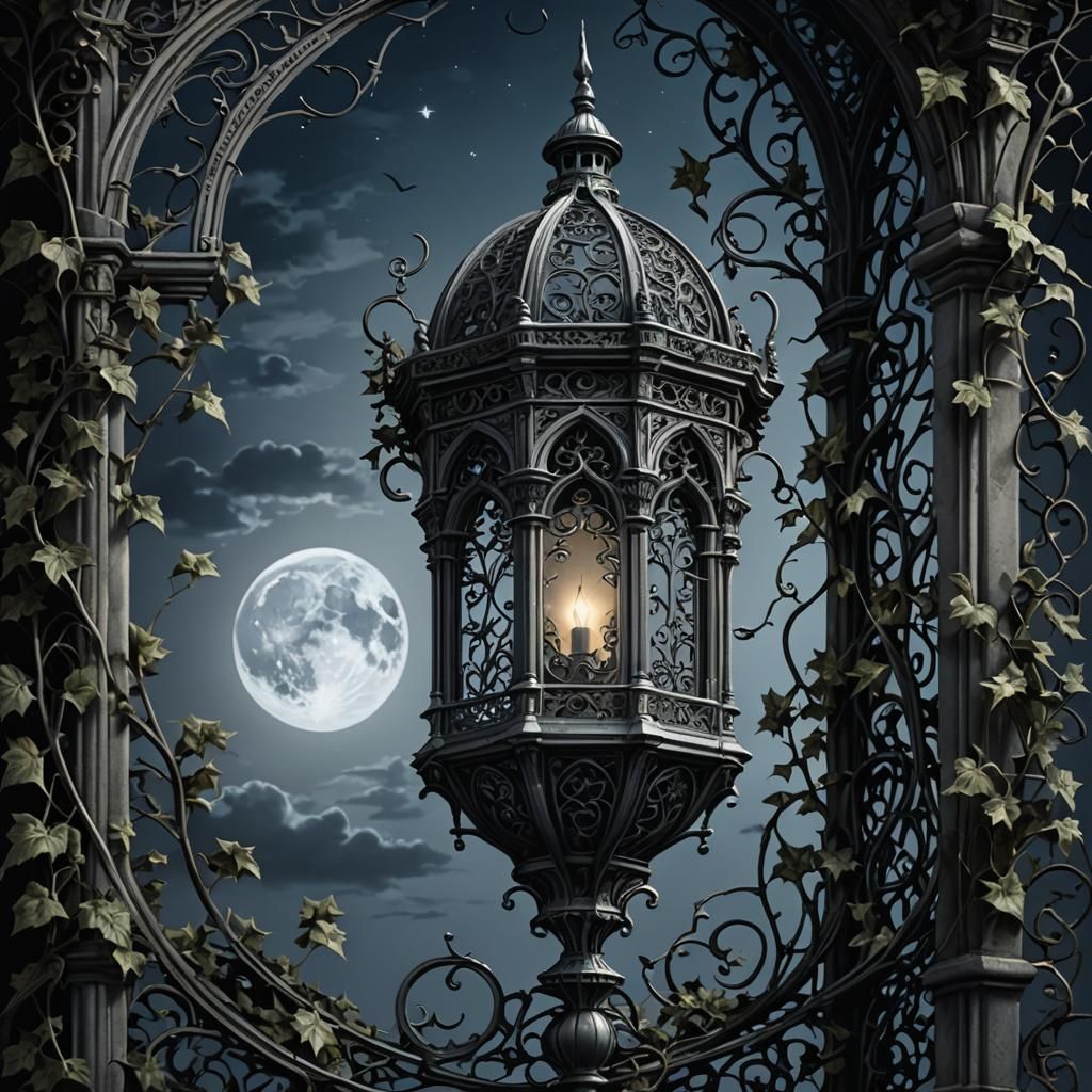 Moonlit Gothic Lantern with Ivy Illustration