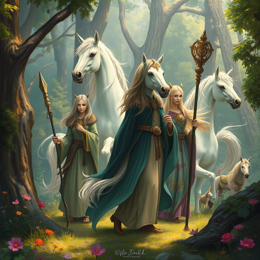 Mystical Guardians and Unicorns in Lush Forest