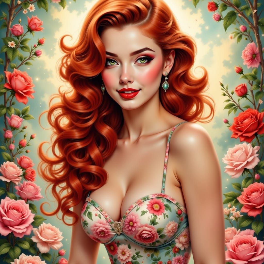 Vibrant Spring Pinup Model in Whimsical Digital Art