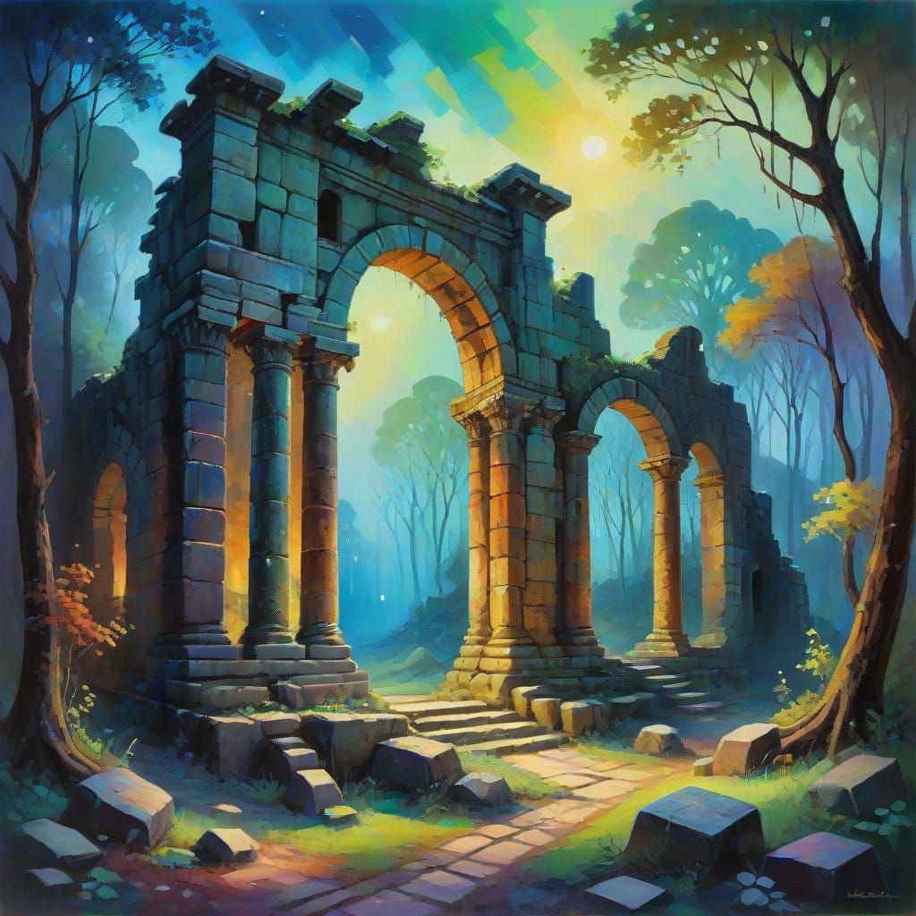 Mystical Ruins Emerge from the Night Forest in Ethereal Beau...