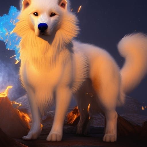 Fiery White Wolf and Golden Retriever in Digital Art