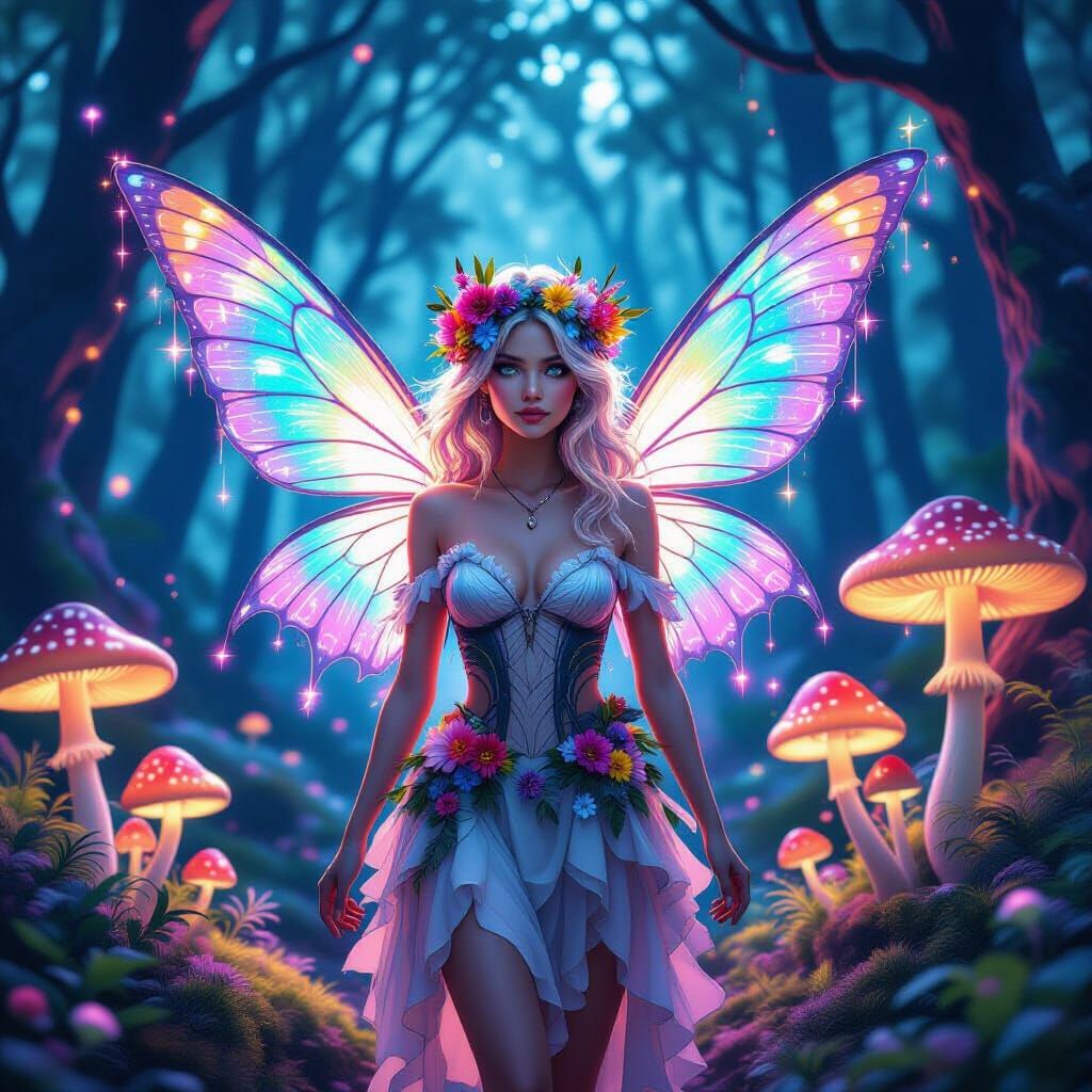 Psychedelic Fairy in Glowing Mushroom Forest
