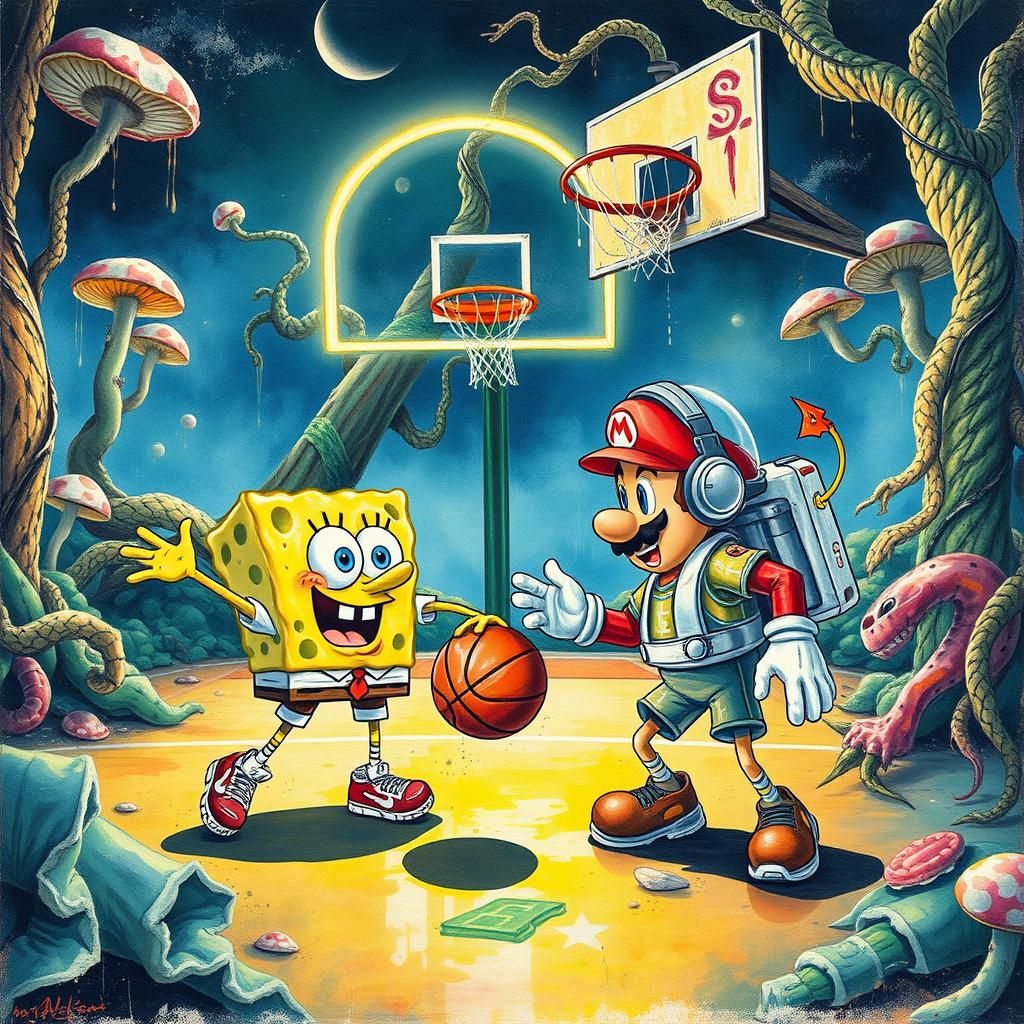 Sponge Bob and Mario in Dystopian Basketball