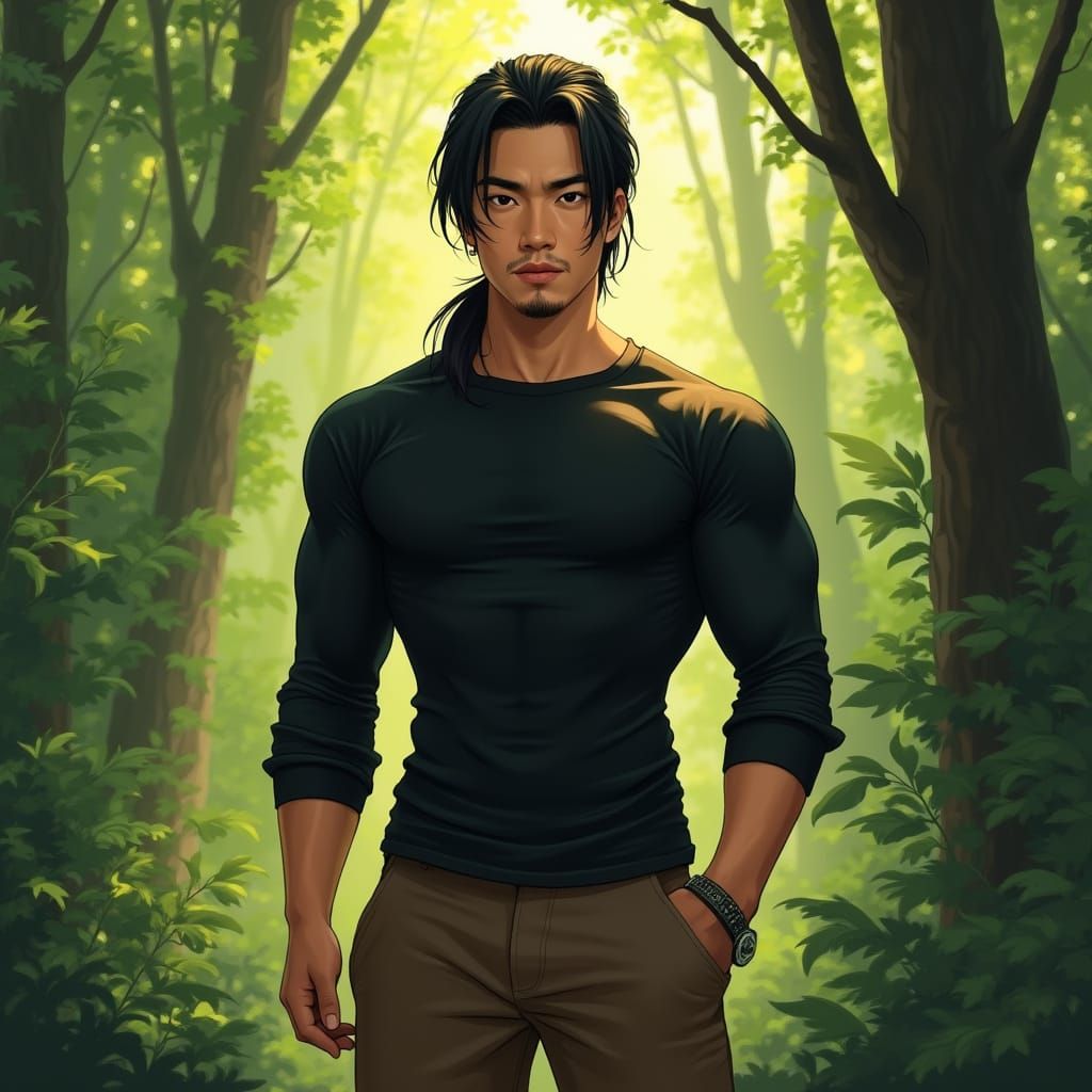Confident Asian Man in Lush Green Forest