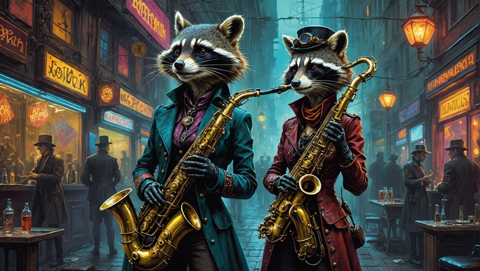 Psychedelic Steampunk Sax Player in a Raccoon Nightclub