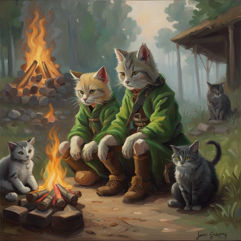 Kemono Cat and Friend by Bonfire, Oil Painting