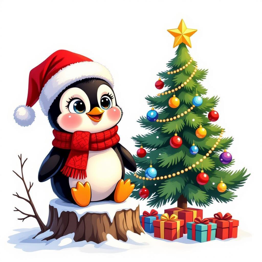 Cute Baby Penguin in Santa Hat with Christmas Tree